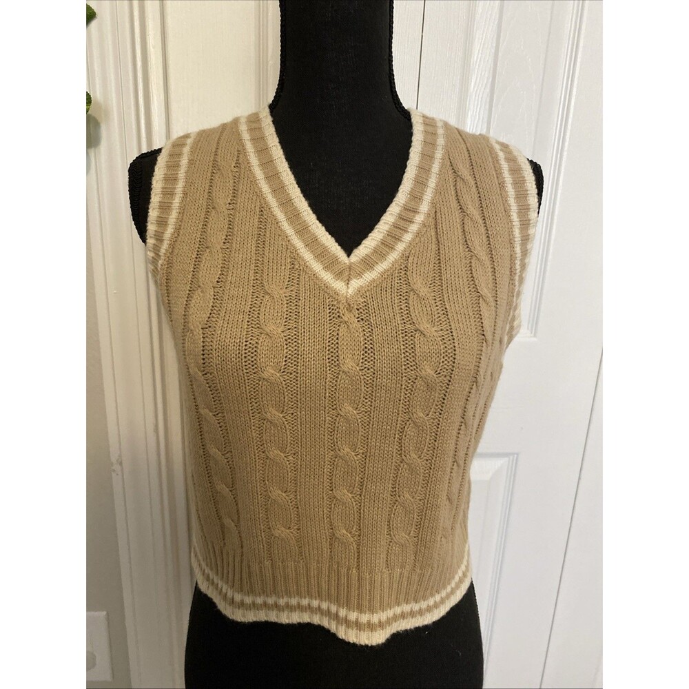 White BeigeCable Knit Sweater Vest Black Trim Preppy V-Neck Cropped Medium